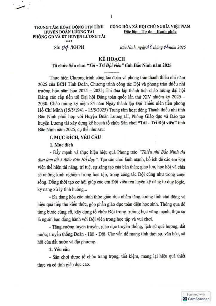 Kế hoạch, Thể lệ Phối hợp với Huyện Đoàn Lương Tài, Phòng GD&ĐT huyện Lương Tài Tổ chức Sân chơi “Tài-Trí Đội viên” tỉnh Bắc Ninh năm 2025