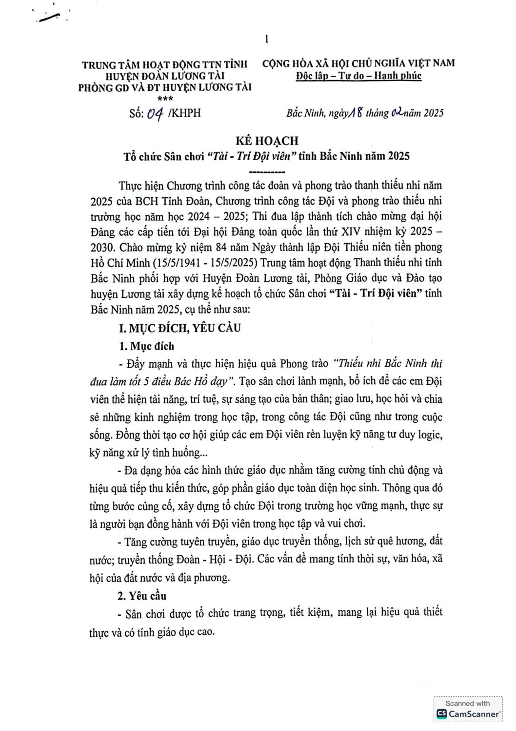 Kế hoạch, Thể lệ Phối hợp với Huyện Đoàn Lương Tài, Phòng GD&ĐT huyện Lương Tài Tổ chức Sân chơi “Tài-Trí Đội viên” tỉnh Bắc Ninh năm 2025