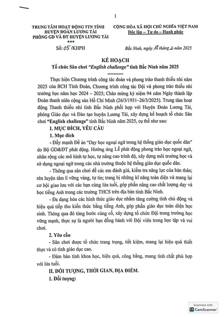 Phối hợp với huyện Đoàn Lương Tài, phòng GD&ĐT huyện Lương Tài ban hành Kế hoạch, Thể lệ Tổ chức Sân chơi “English challenge” tỉnh Bắc Ninh năm 2025