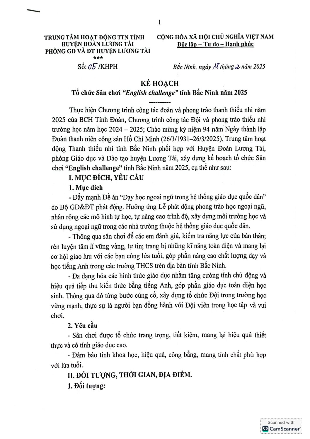 Phối hợp với huyện Đoàn Lương Tài, phòng GD&ĐT huyện Lương Tài ban hành Kế hoạch, Thể lệ Tổ chức Sân chơi “English challenge” tỉnh Bắc Ninh năm 2025